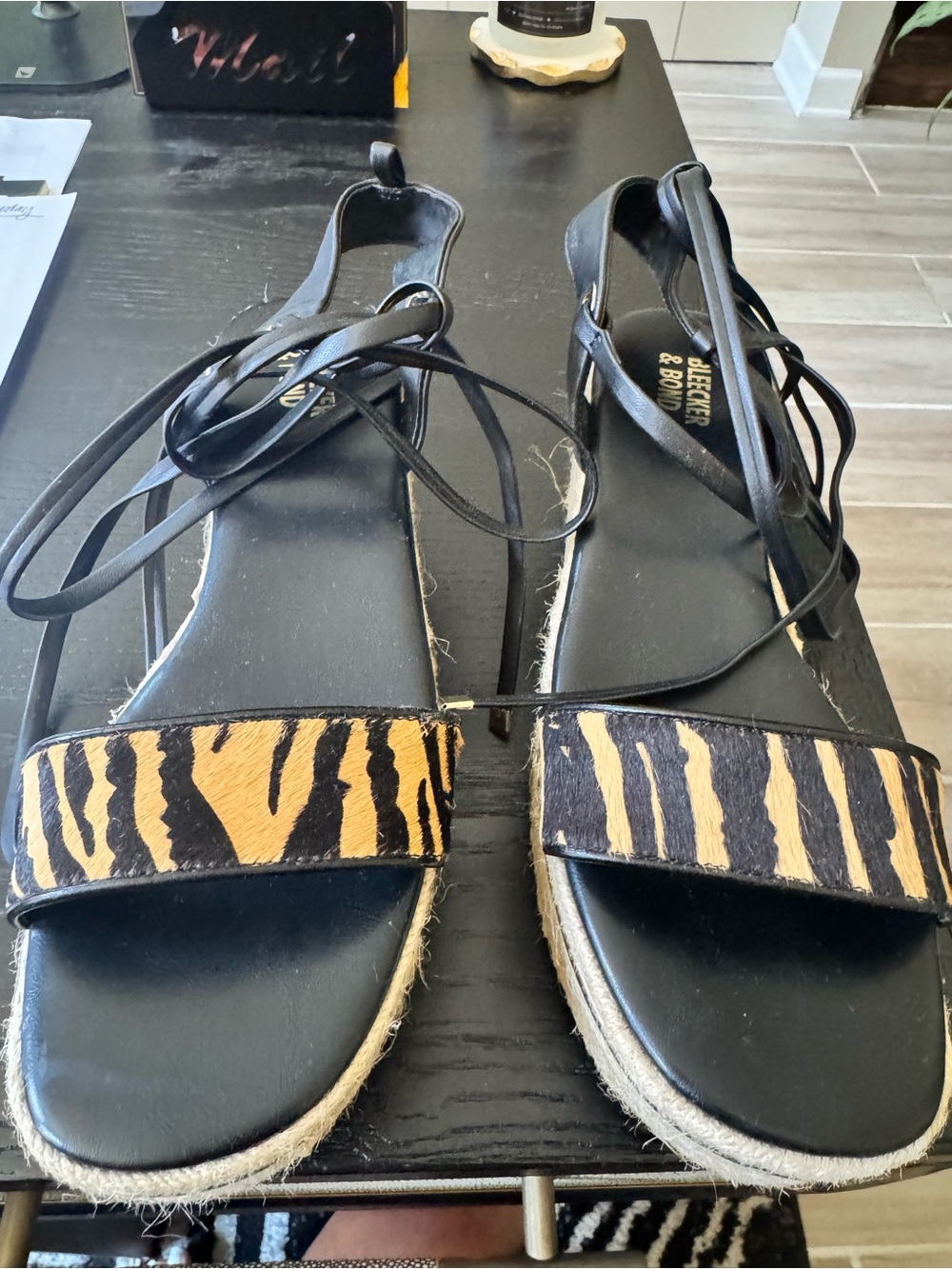 Black Lace-Up Wedge Sandals with Tiger-Print Strap